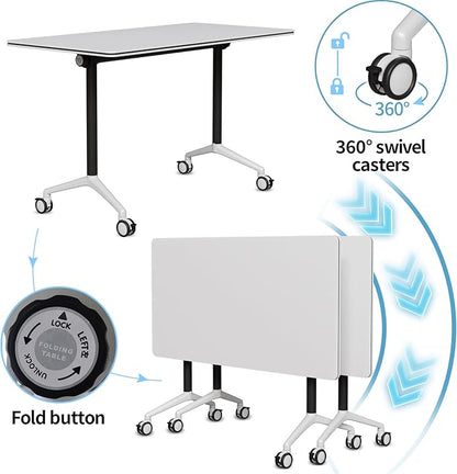 Conference Room Table, 55 Inch Folding Conference Tables with Wheels, Modern Office Meeting Table, Easy Flip & Nest Design, Rectangular Seminar Tables with Metal Frame for 2-24 People (M, 2PCS)