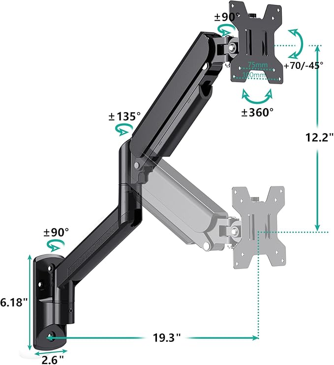 WALI Computer Monitor Wall Mount for 17 to 32 Inch Screens, Single Monitors Mount Holds up to 22lbs, Fully Adjustable Gas Spring Wall Mount Monitor Arm, 75x75/100x100mm VESA Mount (GSWM001), Black