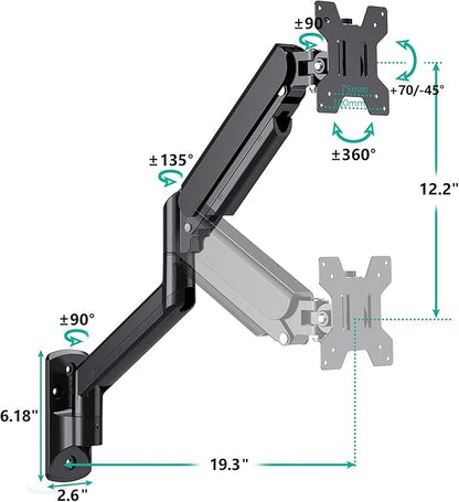 WALI Computer Monitor Wall Mount for 17 to 32 Inch Screens, Single Monitors Mount Holds up to 22lbs, Fully Adjustable Gas Spring Wall Mount Monitor Arm, 75x75/100x100mm VESA Mount (GSWM001), Black
