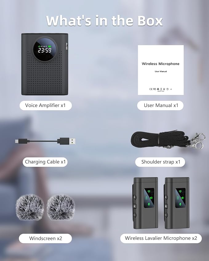 Rechargeable Voice Amplifier Wireless Microphone Dual for Teachers Classroom, Mini Lavalier Lapel Mic Clip Magnetic, Bluetooth Speaker with LED Display for Class, Tour Guide, Coaches, Black