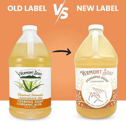 VERMONT SOAP Organic Lemongrass Zen Foaming Hand Soap - Natural Moisturizing Soap for Dry Skin - Fragrance Free Liquid Bathroom Hand Soap - Lemongrass Zen - 64 oz