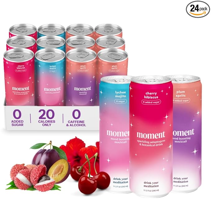 Moment Mocktails Non Alcoholic Drinks (Shark Tank) | SPARKLING Classics Adaptogen Drink | L-Theanine & Ashwagandha for Calm & Clarity | 0 Added Sugar 0 Caffeine | 24-pack