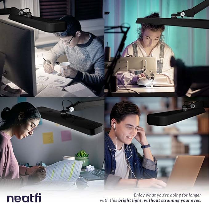 Neatfi Task Lamp – 2,500 Lumens, 30W, 22-Inch Wide Shade, 4 Brightness Levels, Eye-Caring Light, Clamp Mount, LED Task Light for Manicure Table, Crafts, Workbench, Office (Non-CCT, Black)