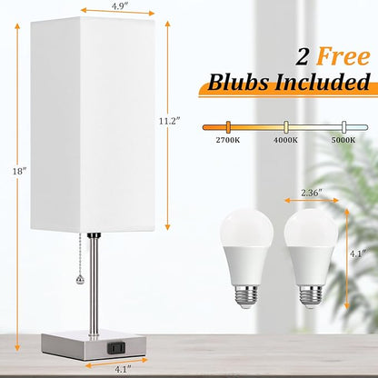 Table Lamp for Bedroom set of 2,3-Color Bedside Lamps with Pull Chain Table Lamps for Nightstand with AC Outlets,18'' Night Light Lamps with 2 Bulbs Lamps for Living Room Kids Office Decor（Nickel）