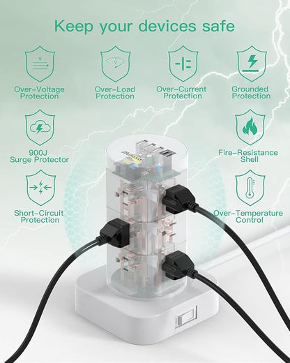 Tower Surge Protector Power Strip with 12 Outlets 4 USB (1 USB C), Mifaso Extension Cord with Multiple Outlets, 1800J Protection, Office Desk Supplies, Dorm Essentials