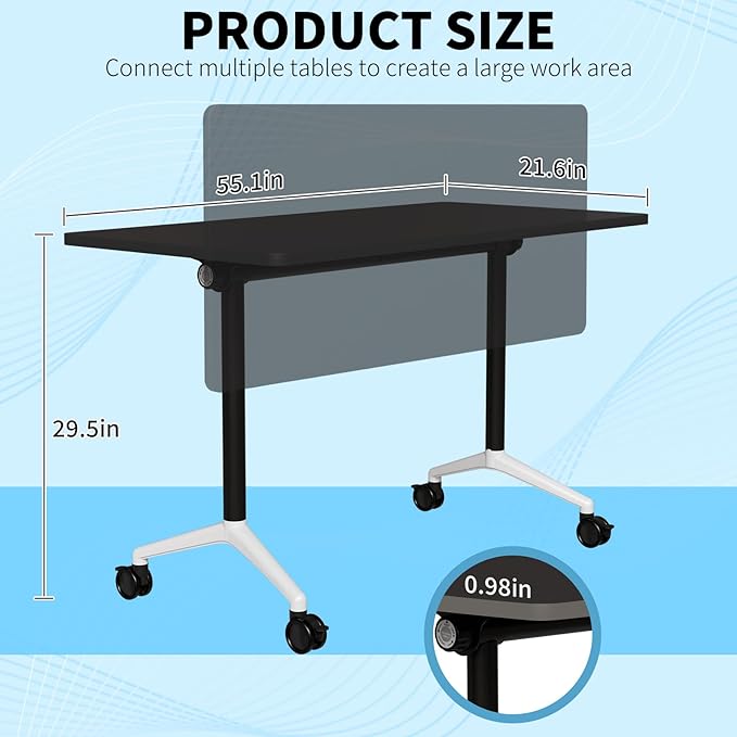 Conference Table Folding Conference Room Tables, Modern Mobile Meeting Training Table with Silent Wheels, Foldable Seminar Table for Offices, Classrooms, Libraries (6, Black, 55.1in)