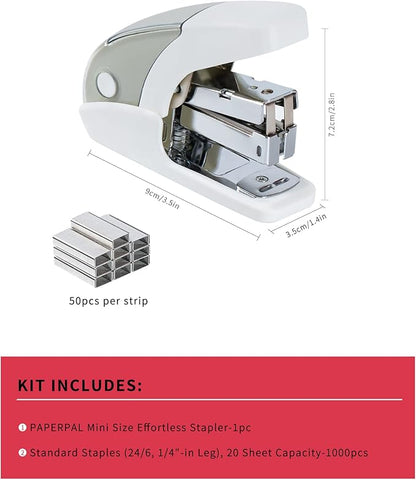PAPERPAL Effortless Mini Stapler Set, 20 Sheet Capacity, Integrated Remover & Staple Storage, Holds 1/4" Staples, Includes 1000 Staples, Lightweight, Office, School & Daily Use, White