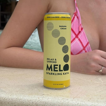 Melo Sparkling Kava Drink, Passionfruit, Orange and Guava, Banana Cream Flavor, Sugar Free Non Alcoholic Drinks, Zero Calories, Gluten Free, Vegan, 750mg Kava Root, 12 Pack, 12 oz Can