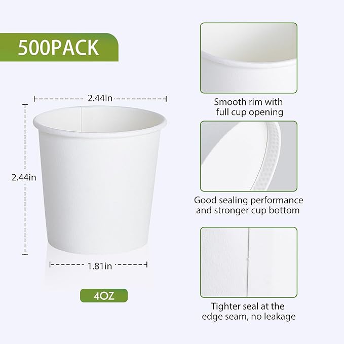 LITOPAK 500 Pack 4 oz Paper Cups, White Disposable Paper Coffee Cups for Party, Picnic, and Travel