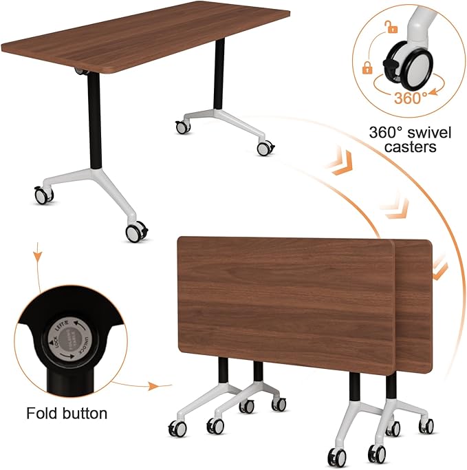 Conference Room Table, 55 Inch Folding Conference Tables with Wheels, Modern Office Meeting Table, Easy Flip & Nest Design, Rectangular Seminar Tables with Metal Frame for 2-24 People(B 2PCS)