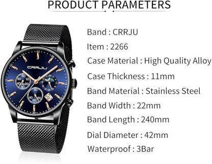 CRRJU Men's Fashion Casual Watches Auto Date Chronograph Watch Men Nice Work Watches Waterproof 30M Full Steel Quartz with Mesh Strap
