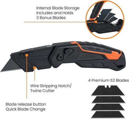Lichamp Utility Knife 4 Pack, Quick-Change Razor Box Cutter 2-in-1 Retractable Knives and Folding Knife Set, Blade Storage in handle with 16-Pieces SK2 Blades Included
