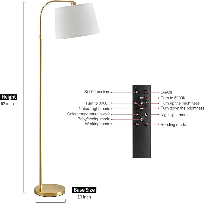 Oneach 62" Arc Floor Lamp for Living Rooms, Gold Tall Standing Lamps with Remote and Stepless Dimmable Bulb, Modern Reading Light for Bedrooms Corner Nursery Kid Office (Bulb Included)