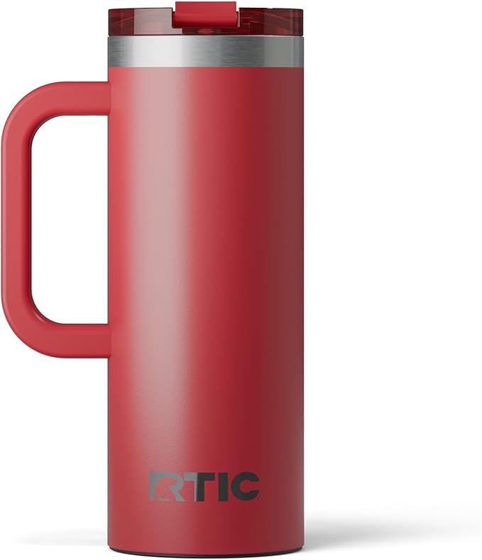 RTIC 20oz Road Trip Travel Mug with Lid and Handle, Ceramic Lined, Insulated, Stainless Steel, Metal, Double Wall Vacuum-Insulation, Portable Coffee, Tea Cup for Hot and Cold Drink, Flag Red