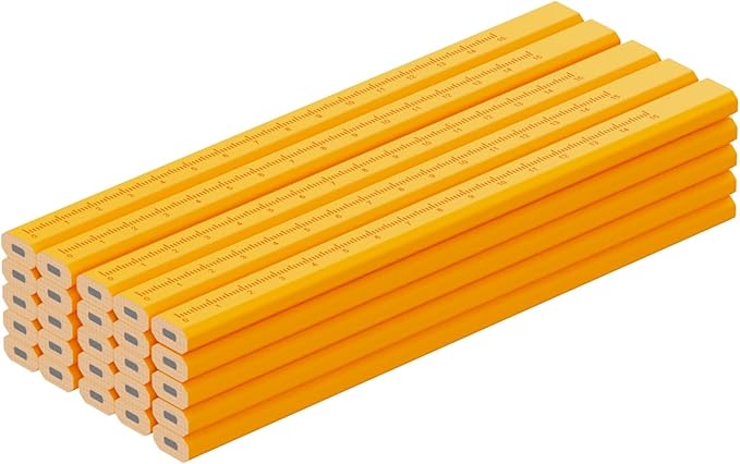 25 Pack Carpenter Pencils with Ruler - Flat Yellow Octagonal Woodworking Pencils for Construction, Marking, Framing - Hard HB Graphite