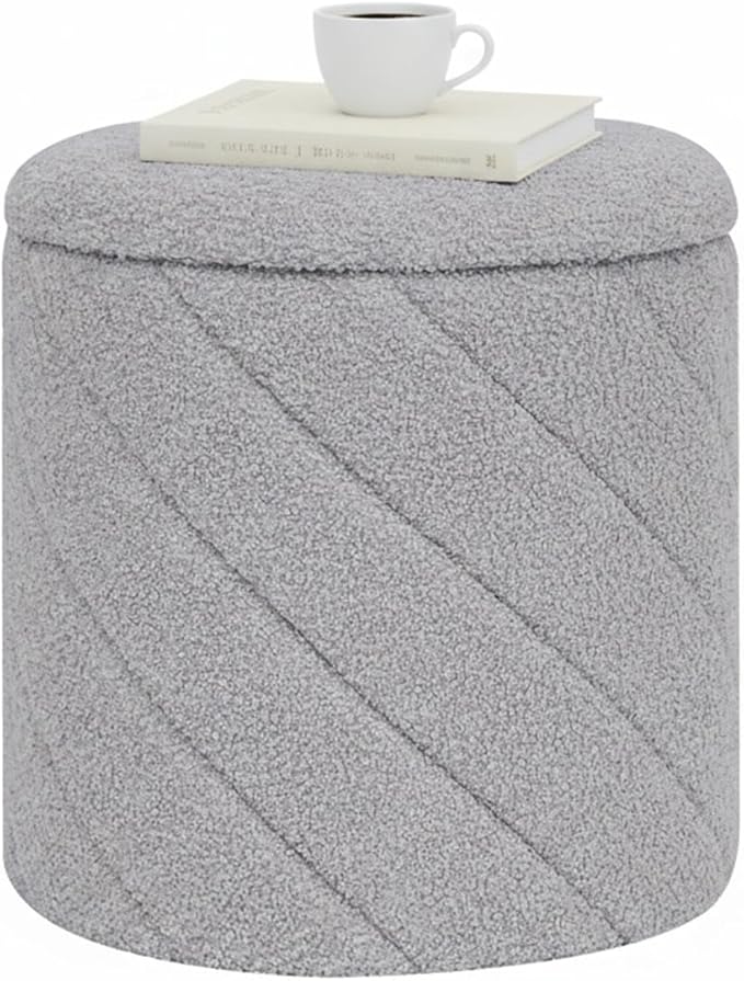 B FSOBEIIALEO Ottoman with Stroage, Boucle Round Storage Ottoman with Tray,Foot Rest Stool for Dorm Room, Living Room Grey, 12.99"x12.99"x13.78"