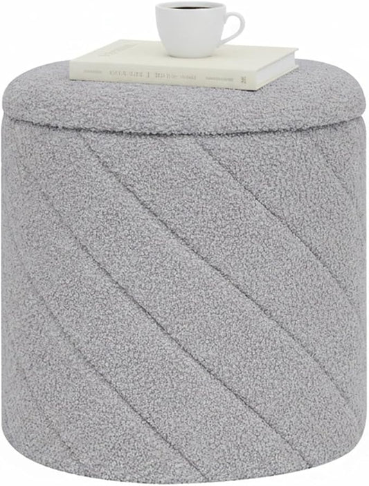 B FSOBEIIALEO Ottoman with Stroage, Boucle Round Storage Ottoman with Tray,Foot Rest Stool for Dorm Room, Living Room Grey, 12.99"x12.99"x13.78"