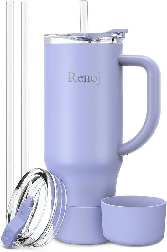 Renoj Tumbler with Handle 100% Leak Proof Insulated Water Bottle for Iced Coffee & Hot Drinks - Fits Car Cup Holder, Ideal Gift, 2 Straws & Silicone Boot BPA-Free - SnapShift Blue 40 oz
