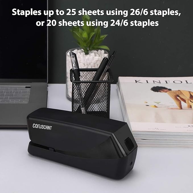Coruscant Electric, Heavy Duty Automatic Stapler, 25 Sheet, Including 2000 Staples 1 Staple Remover, Desktop AC or Battery Powered for Professional Home Office Use, Black