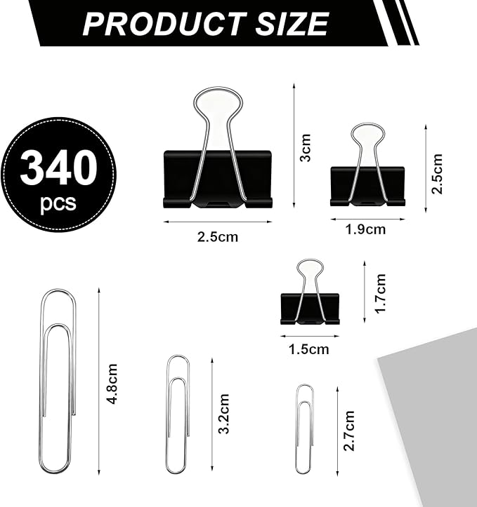 340 Pcs Paper Clips Binder Clips Set, Assorted Size Paperclips Binder Clips Large Medium & Small Size, Cute Office Supplies Set for School Supplies and Desk Essentials (Black)