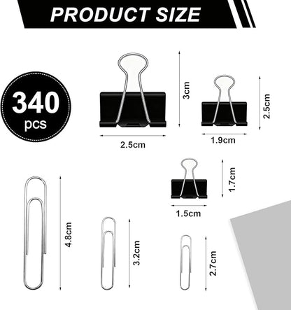 340 Pcs Paper Clips Binder Clips Set, Assorted Size Paperclips Binder Clips Large Medium & Small Size, Cute Office Supplies Set for School Supplies and Desk Essentials (Black)