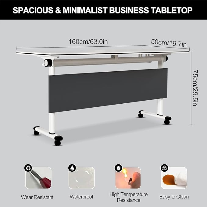 Folding Conference Table Modern Large Mobile Meeting Table Rolling Conference Room Tables with Wheels Seminar Tables for Office Training Classroom (6, Deep Grey, 63" D X 19.7" W X 29.5" H)