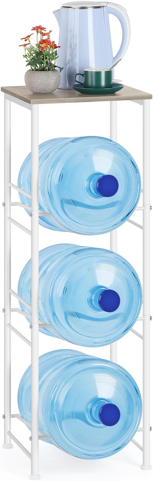 Water Bottle Storage Holder 5 Gallon Drink Dispenser Stand with Table 3-Tier Heavy Duty Water Cooler Jug Rack Water Bottle Organizer for Kitchen, Office, Living Room, Rustic Grey
