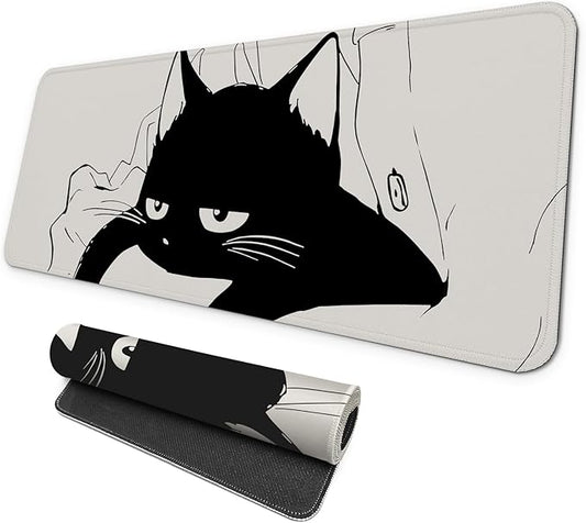 MAY FLOWER Large Gaming Mouse Pad, Full Keyboard Mat, Long Laptop Mousepad, Computer Mouse Mat for Home and Office, Anti-Slip Rubber Base, 31.5 x 11.8 Inches (Black Cat)
