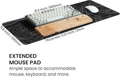 MAY FLOWER Large Gaming Mouse Pad, Full Keyboard Mat, Long Laptop Mousepad, Computer Mouse Mat for Home and Office, Anti-Slip Rubber Base, 31.5 x 11.8 Inches (Black Topographic Map)