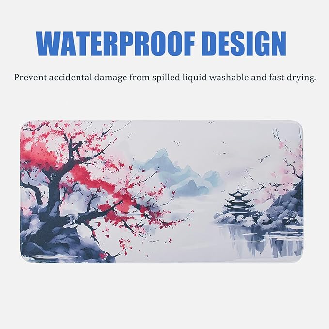 Large Sakura Mouse Pad, Japanese Cherry Blossom Desk Mat, Pink Extended Non-Slip Keyboard Mouse Pad Waterproof Office Desk Pad 23.6"x11.8" Anime Mouse Pads Desktop Protector for Office Home