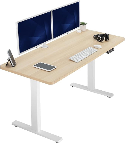 VIVO Electric 60 x 24 in Standing Desk, Memory Height Adjustment, 1B Series, One-Piece Light Wood Top, White Frame, DESK-KIT-1W6C
