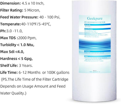Geekpure 10 Inch Whole House Water Filters Set w/PP and Carbon Block -4.5"x 10"-5 Micron