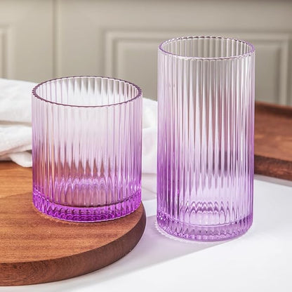Ribbed Drinking Glasses 8pcs, 12oz and 10oz Glassware, Tumbler Glasses Cup Set for Wedding, Party, Christmas Gift, Purple