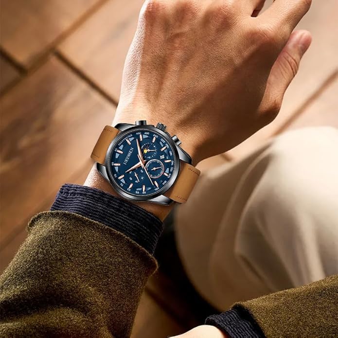Watches for Men Chronograph Analog Luminous Quartz Watch Blue Black Luxury Genuine Leather Mens Watches Business Sports Waterproof Wristwatch Elegant Gift for Him