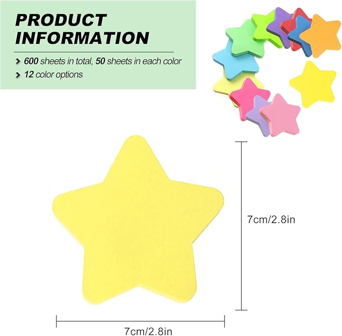 Self Sticky Post Notes, Bright Colorful Creative Sticky Notes for Notebooks Bible Study School Office Supplies 2.75 x 2.75 Inch 50 Pieces/Pad 600 Sheet Star