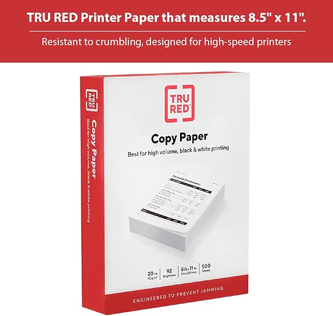 Staples TRU RED Printer Paper, 8.5" x 11", Designed for High-Speed Printers, 92-Brightness, White Color (500 Sheets/Ream)