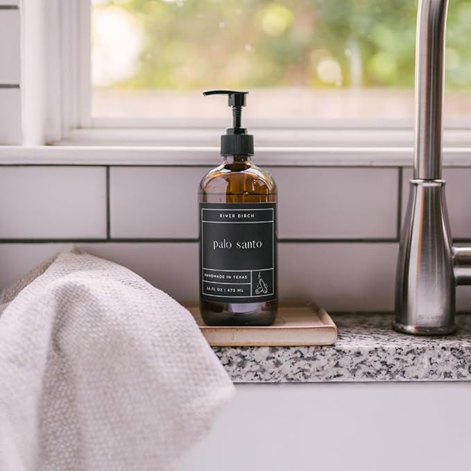 River Birch Palo Santo Scented Natural Hand Soap - Handmade Soap - Moisturizing Hand Wash with Amber Glass Dispenser - Luxury Scented Hydrating Hand Soap - Vegan and Non-Toxic - 16 Fl Oz