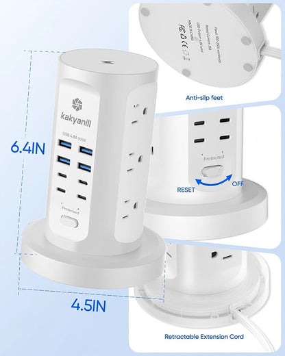 Power Strip Tower, kakyanill Surge Protector Tower 9 AC Outlets 8 USB (4 USB C), 6 Ft Retractable Extension Cord, Charging Station for Office Dorm Room, White