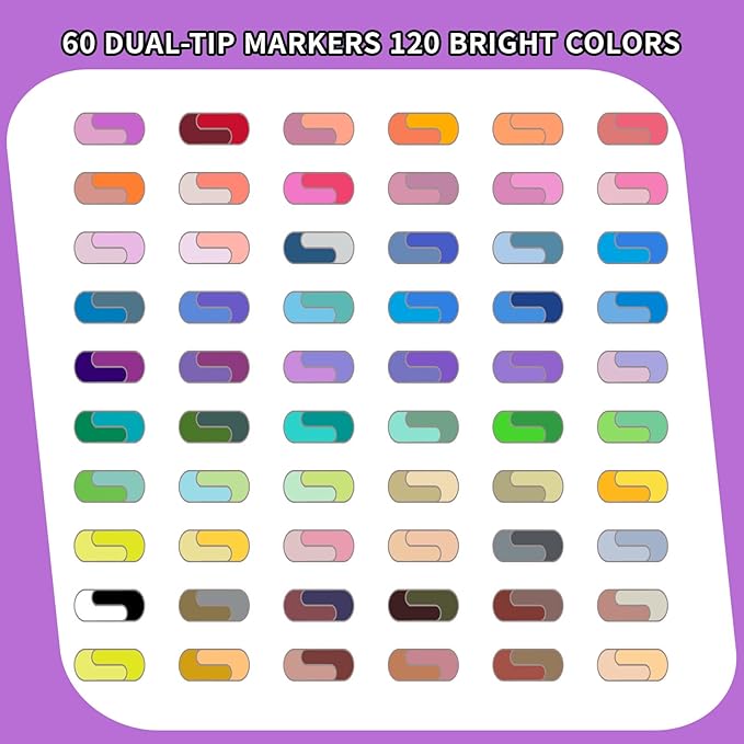 Acrylic Paint Markers Pro Set, 60 Pieces, Dual-Color Brush Tips, Waterproof, No Bleeding, Black Case with Floral Design, 1-5mm Line Width, for Drawing, Journaling, Coloring Book