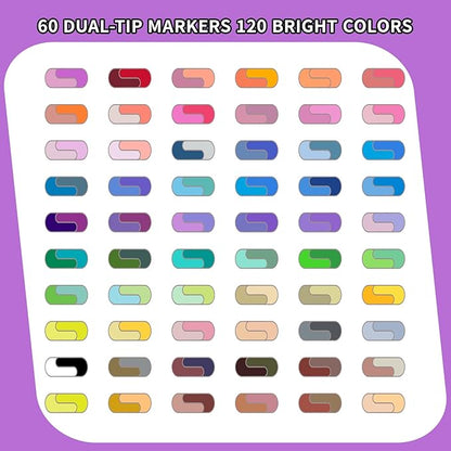 Acrylic Paint Markers Pro Set, 60 Pieces, Dual-Color Brush Tips, Waterproof, No Bleeding, Black Case with Floral Design, 1-5mm Line Width, for Drawing, Journaling, Coloring Book