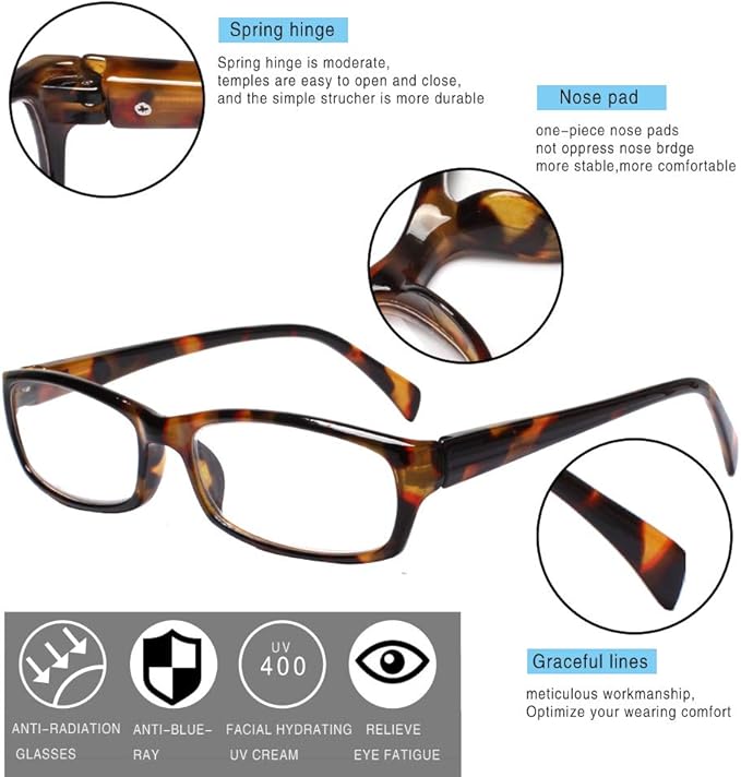 Henotin 5-Pack Reading Glasses Blue Light Blocking Anti Eyestrain Computer Reading Glasses for Women and Men Readers (5 Pack Mix Color, 1.25)
