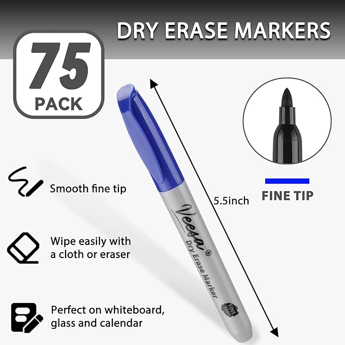 Dry Erase Markers Assorted Colors (Red/Blue/Black), 75 Pack Low-Odor Whiteboard Marker Pens Bulk, Office Series, Classroom Set