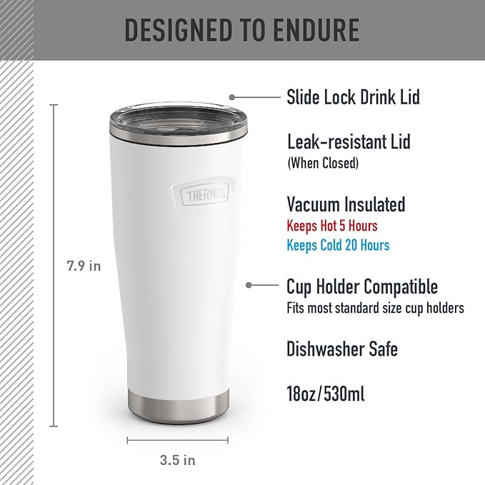 THERMOS ICON SERIES, Stainless Steel Tumbler with Slide Lock, 18 Ounce, White