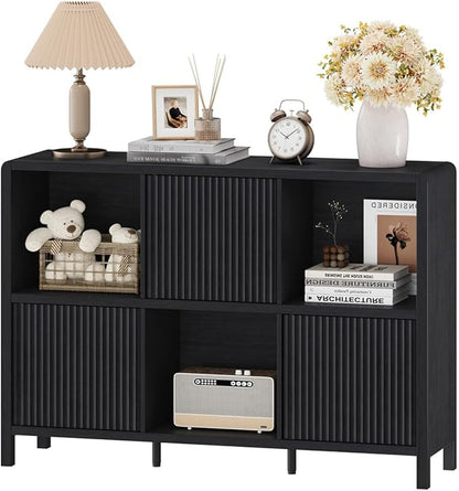 FATORRI 6 Cube Storage Organizer, Horizontal Bookcase with 3 Doors, Low Wood Bookshelf for Home Office, Bedroom, Living Room (Black)