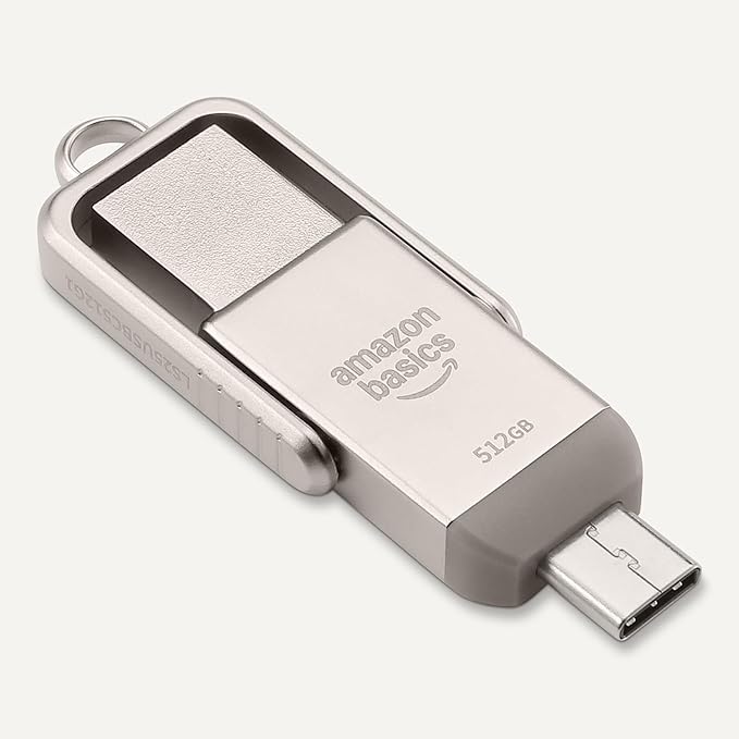 Amazon Basics USB Flash Drive, Thumb Drive Memory Stick with USB C and USB A Dual Ports, 512GB, Champagne Silver
