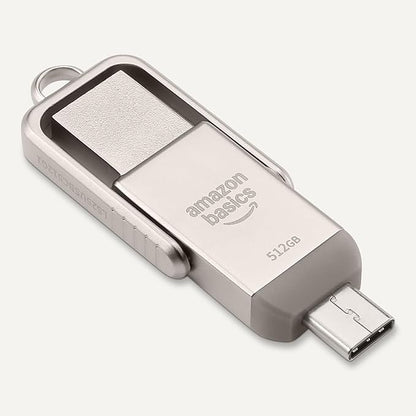 Amazon Basics USB Flash Drive, Thumb Drive Memory Stick with USB C and USB A Dual Ports, 512GB, Champagne Silver