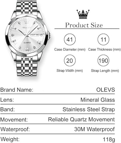 Men's Casual Stainless Steel Watch, Big Face Easy to Read Analog Quartz Watch with Day and Date, Classic Waterproof Diamond Roman Arabic Numerals Dial Dress Watch for Men, Gold Silver Black Band