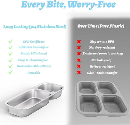 Stainless Steel Snack Containers for Kids Adults, 4 Pack 2 Compartment Metal Snack Containers Box with Lid, Reusable Food Storage Container, Leak Proof, Grab and Go