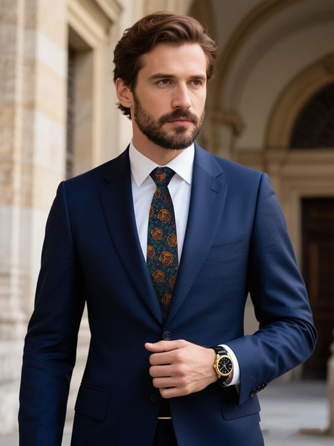 HISDERN Men Floral Ties Woven Classic 3.4" Necktie Set Formal Tie Pocket Square for Wedding with Handkerchief Gift Box
