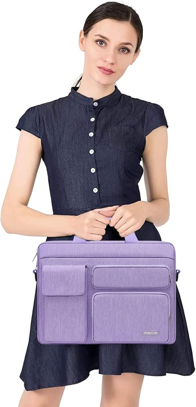 MOSISO Laptop Shoulder Bag 15.6 inch, 15-15.6 inch Computer Bag Compatible with MacBook Pro 16 inch, HP, Dell, Lenovo, Notebook with 2 Raised&1 Flapover&1 Horizontal Pocket&Handle&Belt, Purple